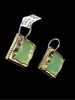 Light Green Chalcedony and Silver Drop Earrings with Gold Accents
